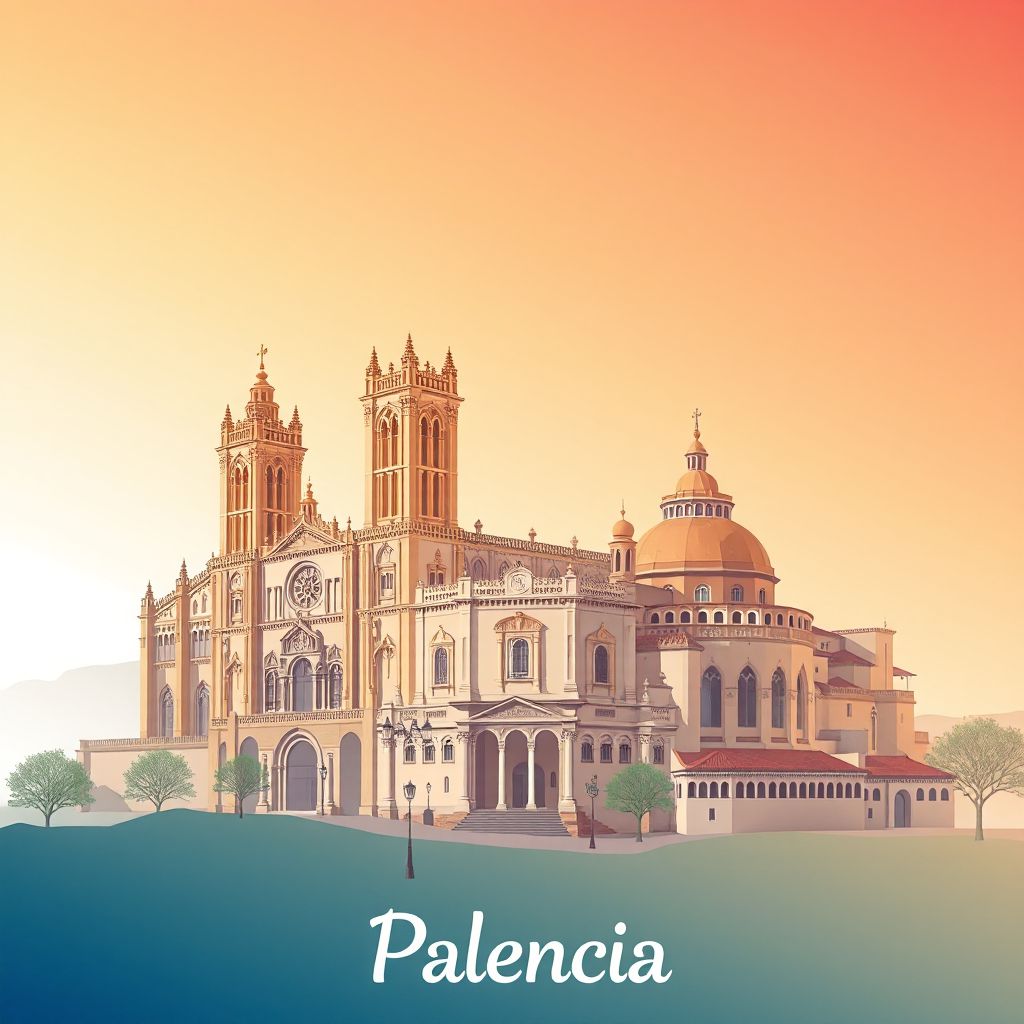 Ultra-high-definition gradient illustration of Palencia, Spain, featuring the Cathedral of Palencia, Monastery of San Zoilo, and Lechazo Asado.