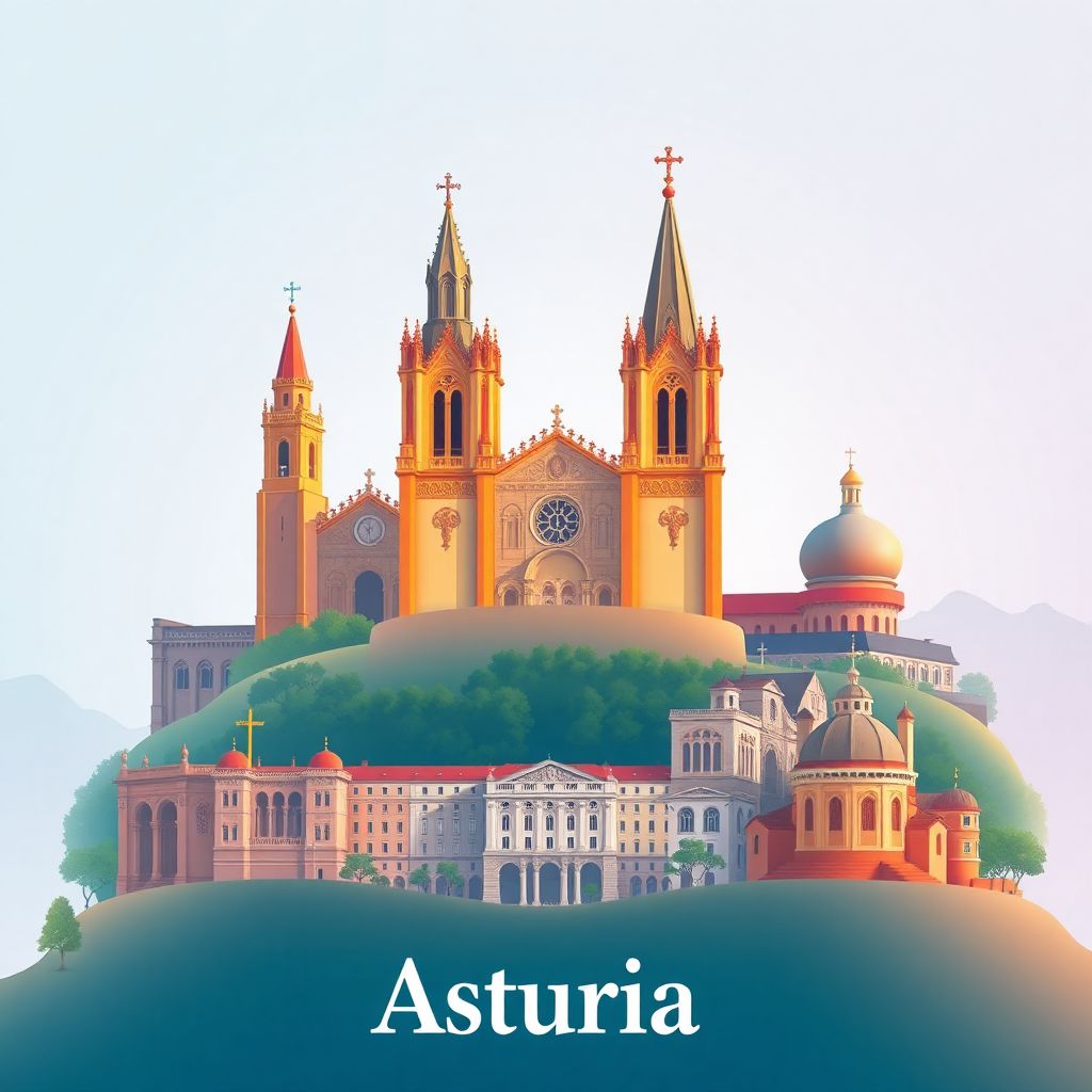 Ultra-high-definition gradient illustration of Asturias, Spain, featuring Santa María del Naranco, Catedral de Oviedo, cider, and Fabada Asturiana.