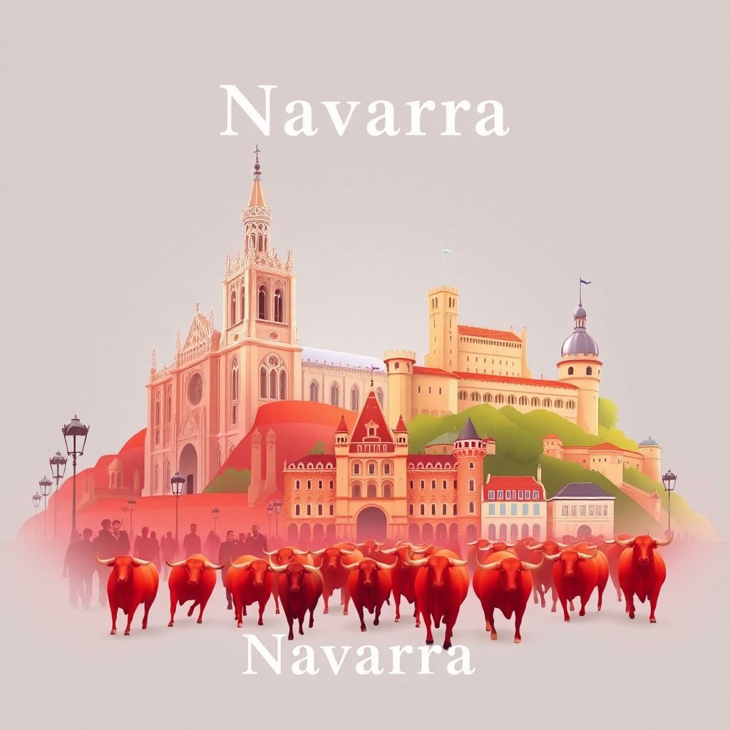 Ultra-high-definition gradient illustration of Navarra, Navarre, Spain, featuring the Pamplona Cathedral, Castle of Olite, and Running of the Bulls.