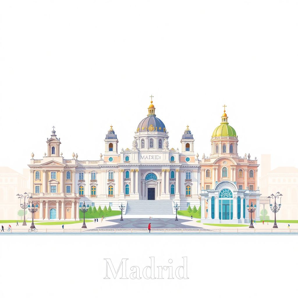 Ultra-high-definition gradient illustration style Madrid illustration, showing the unique charm of the Royal Palace of Madrid, Puerta del Sol, and the Prado Museum.