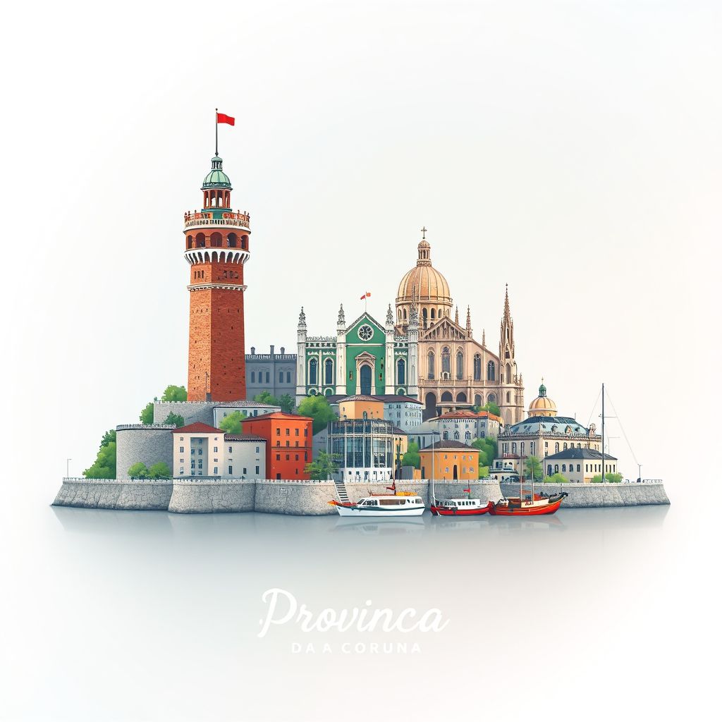 Ultra-high-definition gradient illustration of Provincia da Coruna, featuring the Tower of Hercules, the Cathedral of Santiago de Compostela, and Pulpo a Feira.