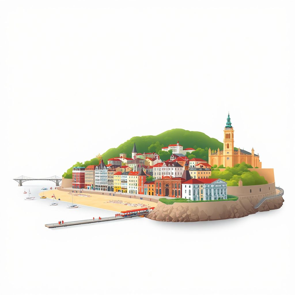 Ultra-high-definition gradient illustration style Provincia de Guipuzcoa illustration, showing the unique charm of the San Sebastian Beach, Pintxos, and the historic Old Town of San Sebastian.