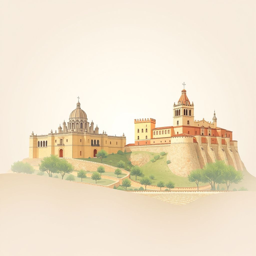 Ultra-high-definition gradient illustration style Provincia de Guadalajara illustration, highlighting the Alcázar of Sigüenza and the Castillo de Atienza.