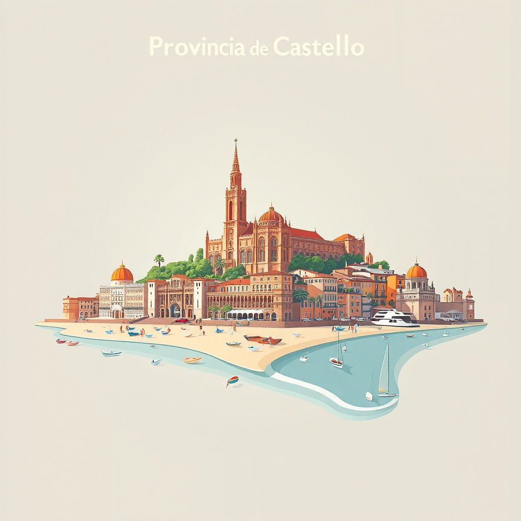 Ultra-high-definition gradient illustration of Provincia de Castello, Valencia, Spain, featuring the Castellon Cathedral, Benicassim beaches, and traditional ceramics.