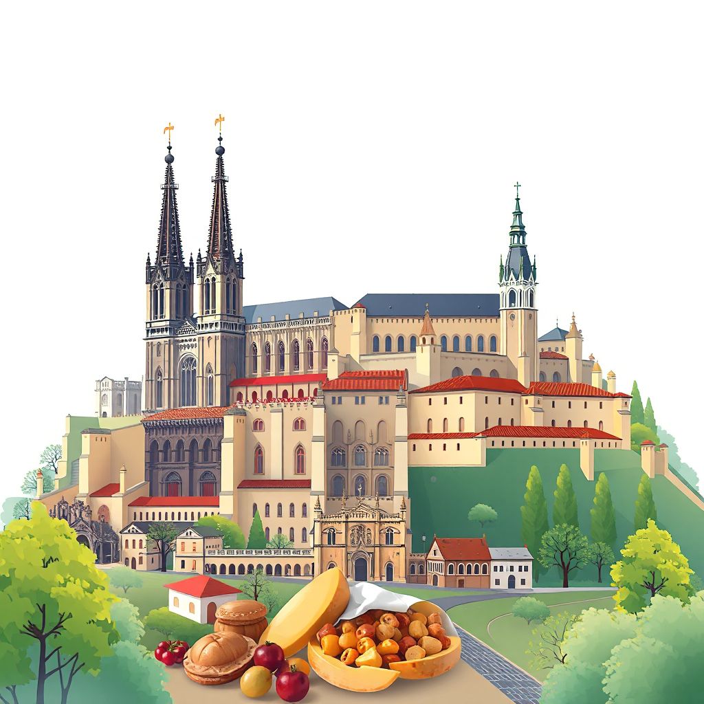 Ultra-high-definition gradient illustration style Burgos artwork, featuring the Burgos Cathedral, Castle of Burgos, and Morcilla de Burgos.