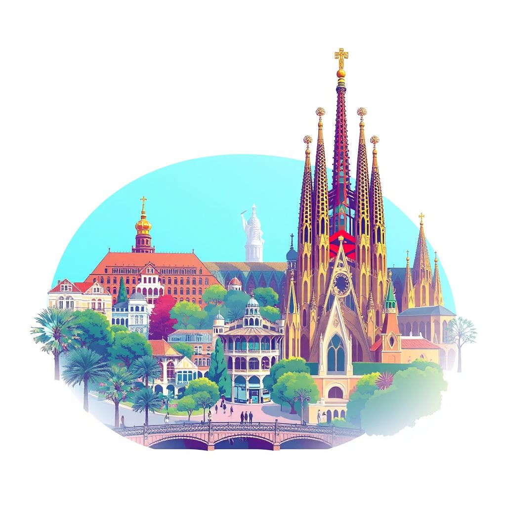 Ultra-high-definition gradient illustration style Barcelona illustration, showing the unique charm of the Sagrada Familia, Park Güell, and La Rambla.