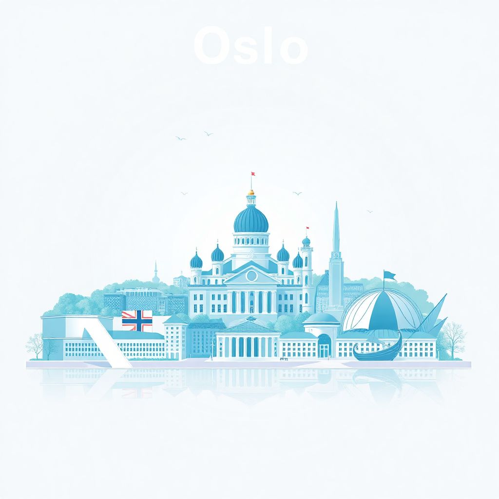 Ultra-high-definition gradient illustration style Oslo artwork, showcasing the unique charm of the Oslo Opera House, the Viking Ship Museum, and the Vigeland Sculpture Park.
