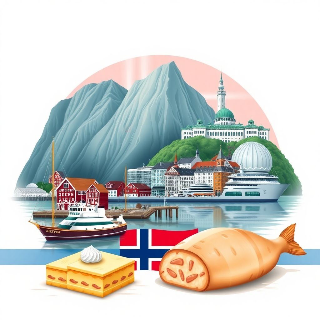 Ultra-high-definition gradient illustrations in Norwegian style, featuring the majestic fjords and Bryggen Wharf
