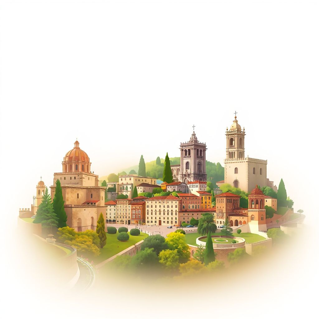 Ultra-high-definition gradient illustration style of Provincia di Viterbo, showing the Bomarzo Monster Park and the historic center of Viterbo.
