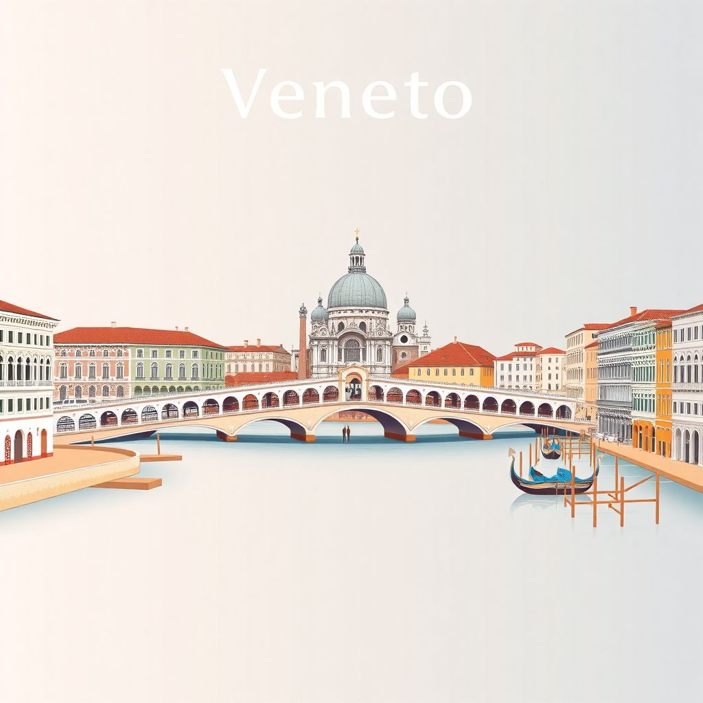 Ultra-high-definition gradient illustration style Veneto illustration, showing the unique charm of the Rialto Bridge, St. Mark's Basilica, and the Grand Canal.