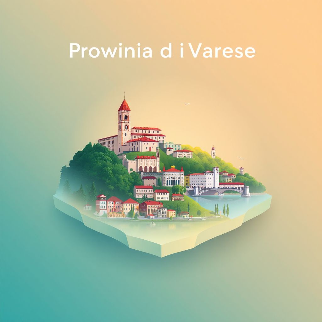 Ultra-high-definition gradient illustration of Provincia di Varese, featuring the Sacro Monte di Varese, Lake Maggiore, and local cuisine of polenta.