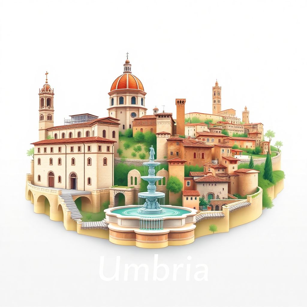 Ultra-high-definition gradient illustration style Umbria illustration, showing the unique charm of the Basilica of Saint Francis in Assisi, the Fontana Maggiore in Perugia, and the historic town of Spello.