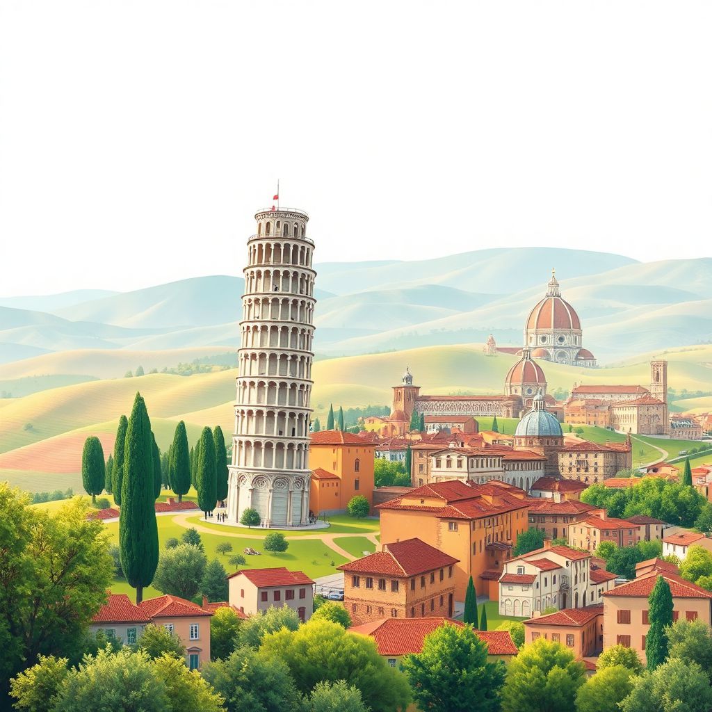 Ultra-high-definition gradient illustration style Tuscany, Italy image, featuring the Leaning Tower of Pisa, Val d'Orcia hills, and Florence cityscape.