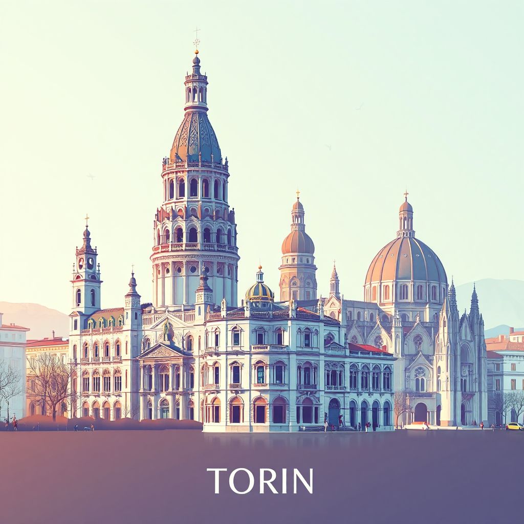 Ultra-high-definition gradient illustration style Torino artwork, featuring the Mole Antonelliana, the Royal Palace of Turin, and the Turin Cathedral.