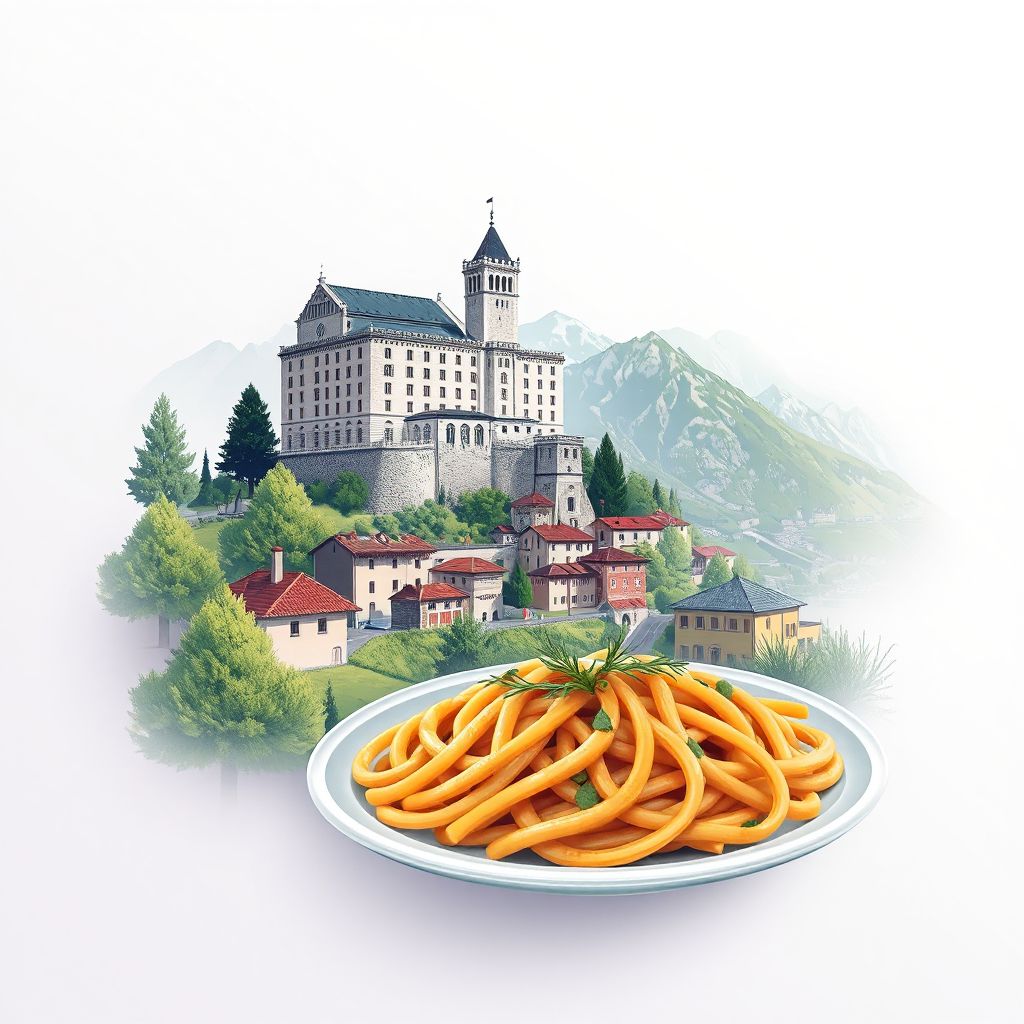 Ultra-high-definition gradient illustration of Provincia di Sondrio, featuring Sondrio Castle, Valtellina valley, and Pizzoccheri, a local pasta dish.