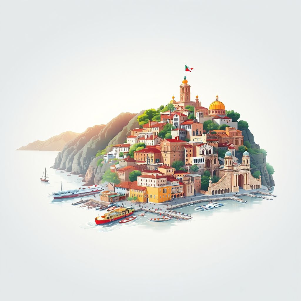 Ultra-high-definition gradient illustration style Provincia di Salerno illustration, featuring the Amalfi Coast, Paestum, and the historic center of Salerno.