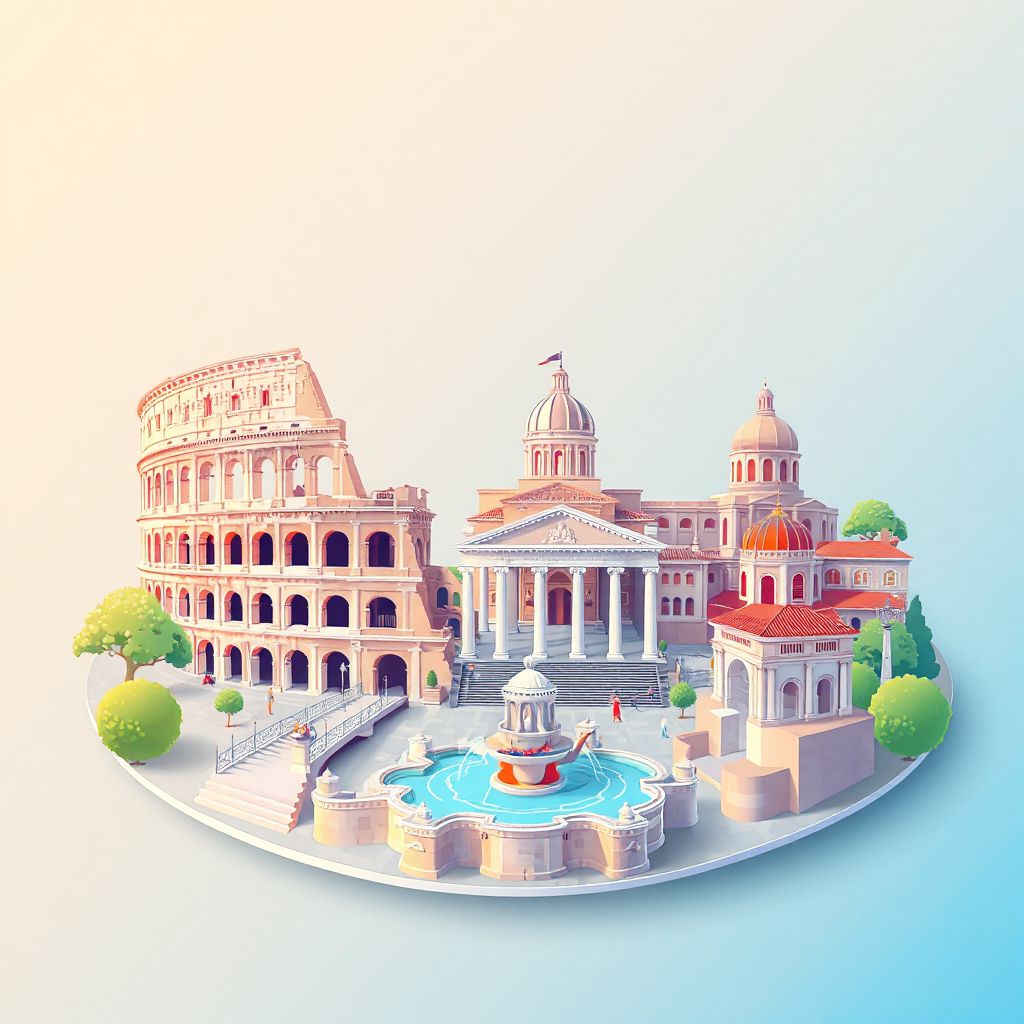Ultra-high-definition gradient illustration style Rome illustration, showing the unique charm of the Colosseum, Roman Forum, and Trevi Fountain.