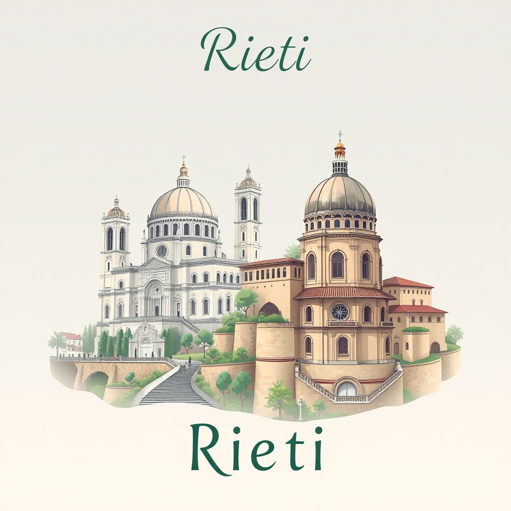 Ultra-high-definition gradient illustration style Rieti illustration, showing the unique charm of the Rieti Cathedral and Franciscan Sanctuary of Fonte Colombo.