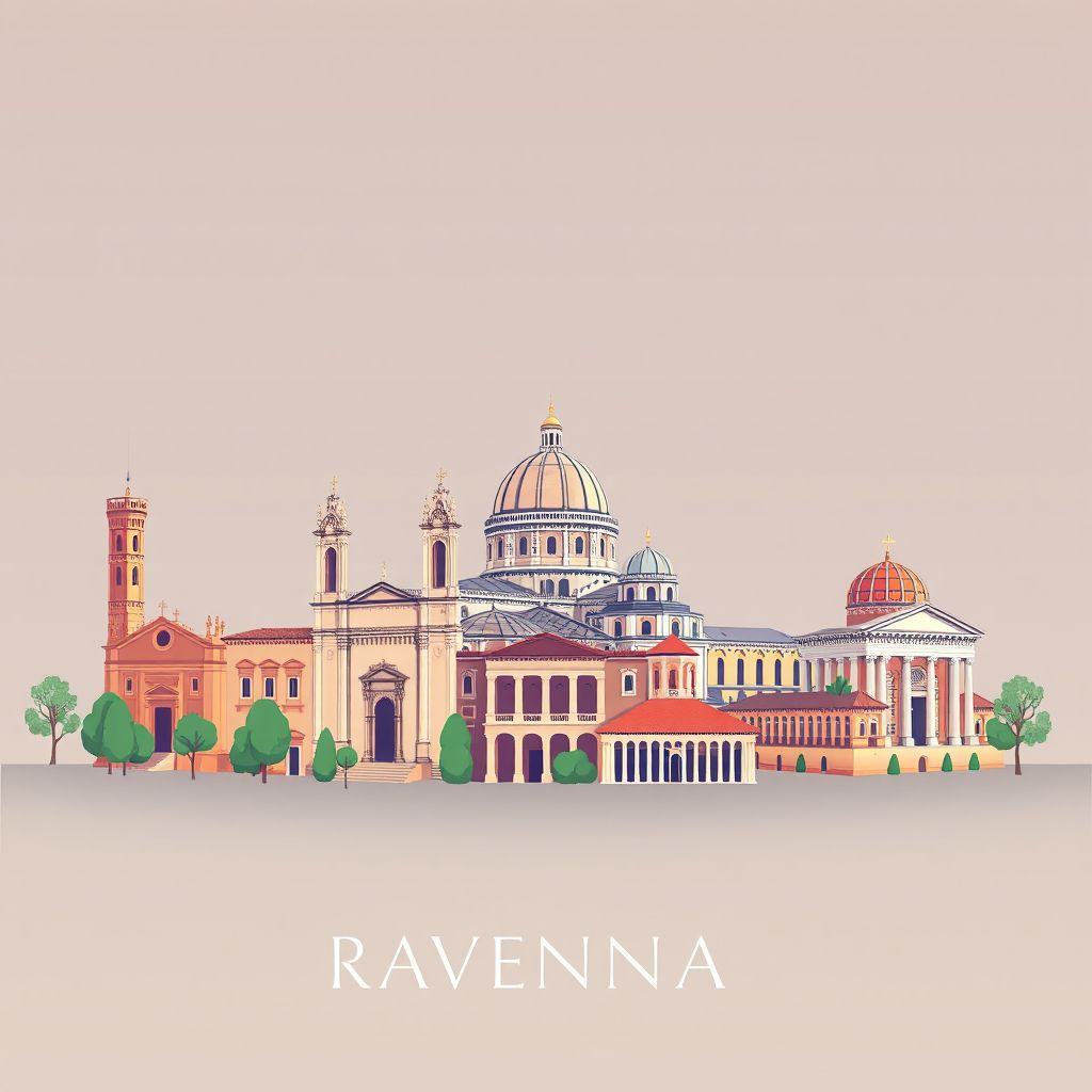 Ultra-high-definition gradient illustration style Ravenna illustration, showing the unique charm of the Basilica of San Vitale, the Mausoleum of Galla Placidia, and early Christian mosaics.