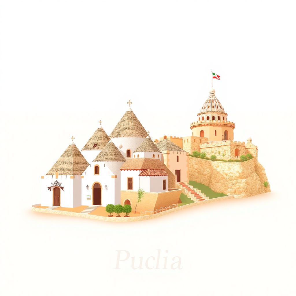 Ultra-high-definition gradient illustration style Puglia, Apulia, Italy artwork, featuring the Trulli of Alberobello and the Castel del Monte.