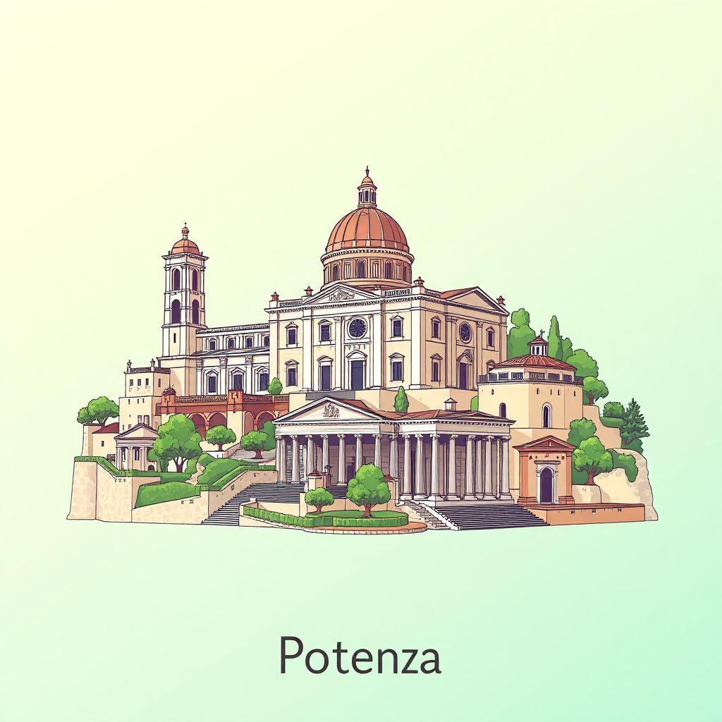 Ultra-high-definition gradient illustration style Potenza illustration, showcasing the unique charm of the Potenza Cathedral and the National Archaeological Museum.