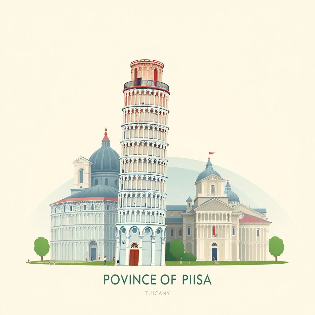 Ultra-high-definition gradient illustration style artwork of Province of Pisa, Tuscany, Italy, featuring the Leaning Tower of Pisa and Piazza dei Miracoli.