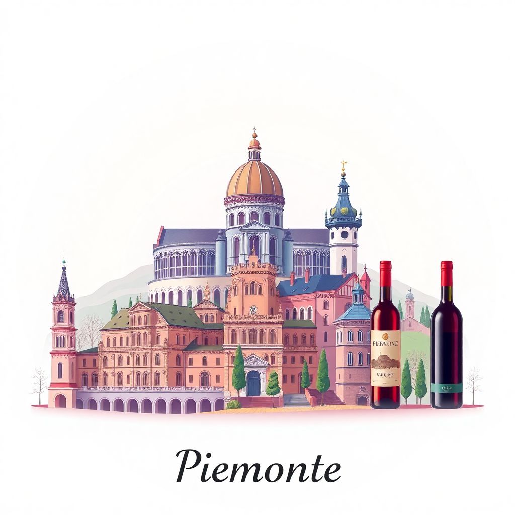 Ultra-high-definition gradient illustration style Piemonte illustration, showing the unique charm of the Mole Antonelliana, the Royal Palace of Turin.