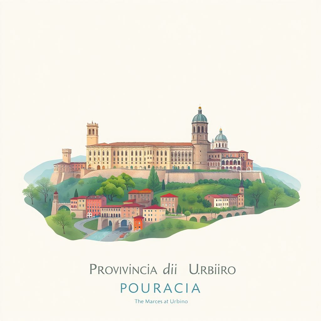 Ultra-high-definition gradient illustration of Provincia di Pesaro e Urbino, featuring the Ducal Palace of Urbino, the Cathedral of Urbino, and scenic landscapes.