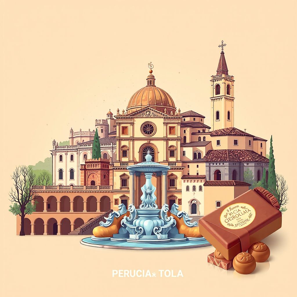 Ultra-high-definition gradient illustration style Perugia illustration, showing the unique charm of the Fontana Maggiore, the Perugia Cathedral, and the Rocca Paolina.