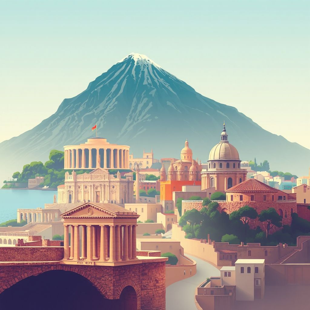 Ultra-high-definition gradient illustration of Napoli featuring Mount Vesuvius, the ruins of Pompeii, and Castel dell'Ovo.