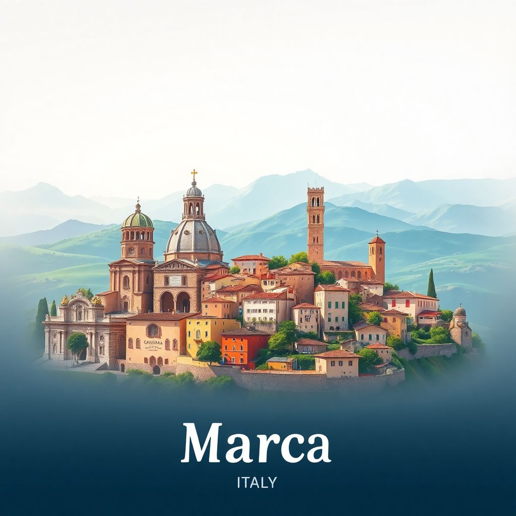 Ultra-high-definition gradient illustration style image of Marche, The Marches, Italy, featuring the Basilica della Santa Casa in Loreto, Urbino, and the Apennine Mountains.