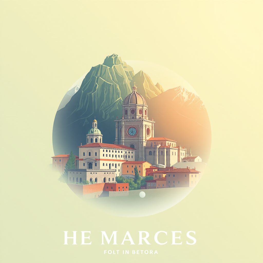 Ultra-high-definition gradient illustration of The Marches, Italy, featuring the Basilica di San Nicola, Sibillini Mountains, and Vincisgrassi.