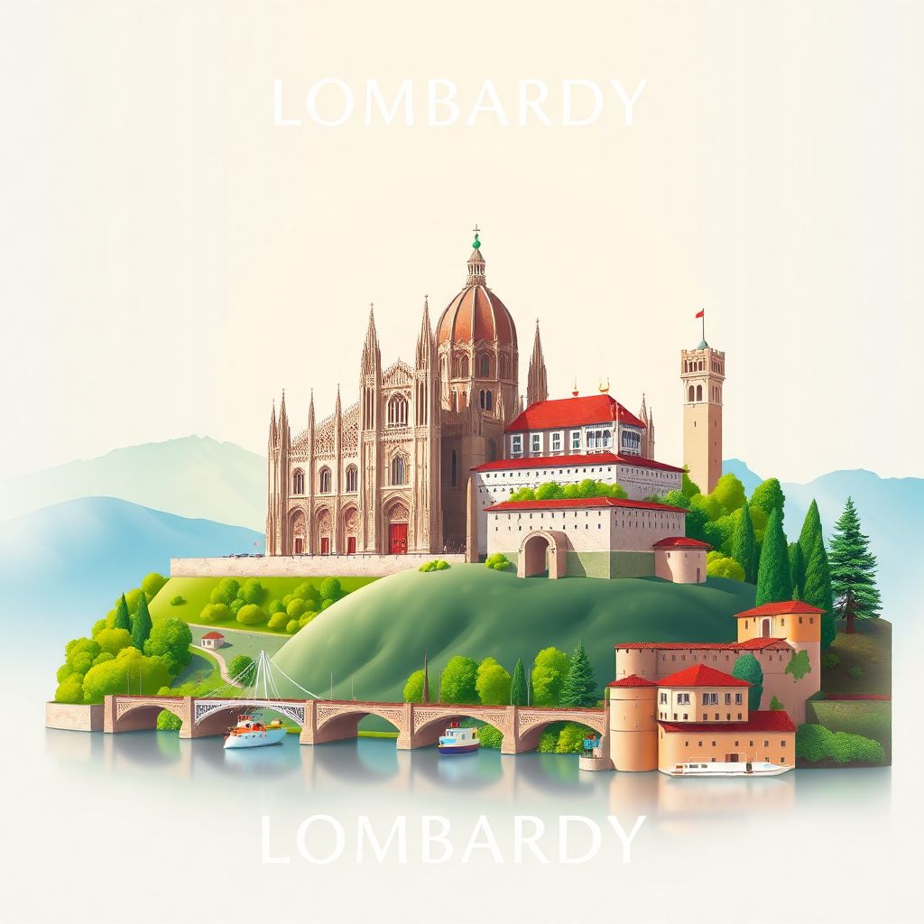 Ultra-high-definition gradient illustration style Lombardy illustration, featuring the Milan Cathedral, Lake Como, and Sforza Castle.