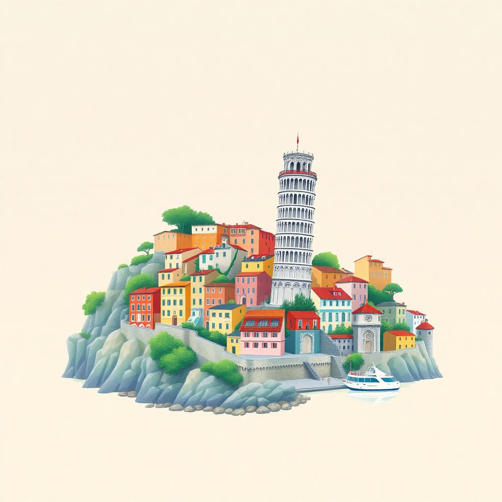 Ultra-high-definition gradient illustration style Liguria illustration, showing the unique charm of the Cinque Terre villages, the Leaning Tower of Pisa, and the colorful houses of Portofino.