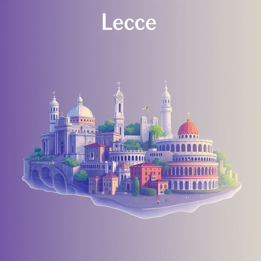 Ultra-high-definition gradient illustration style artwork of Provincia di Lecce, Apulia, Italy, featuring the Cathedral of Lecce, Roman Amphitheater, and historic center.