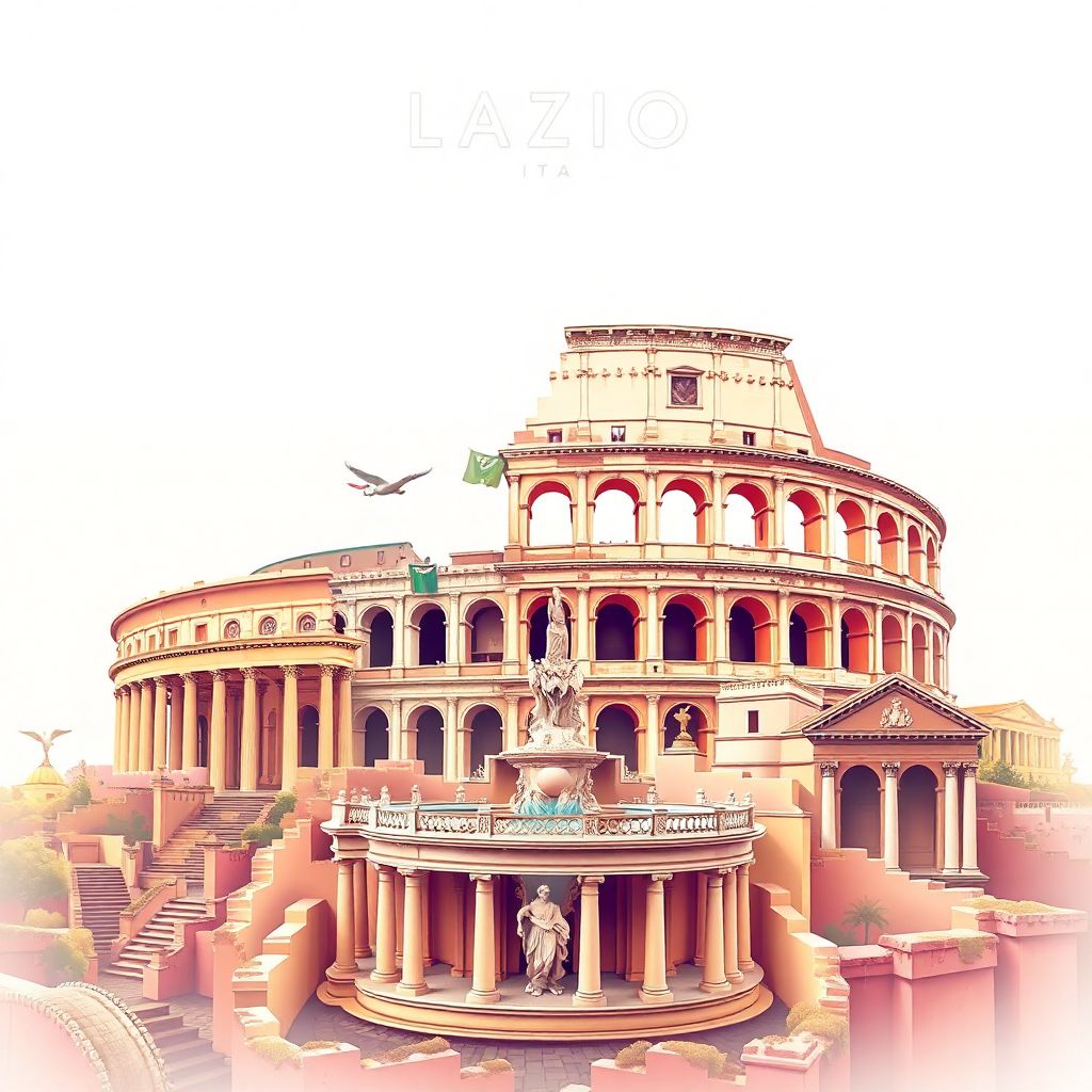 Ultra-high-definition gradient illustration style Lazio artwork, featuring the Colosseum, Roman Forum, and Trevi Fountain.