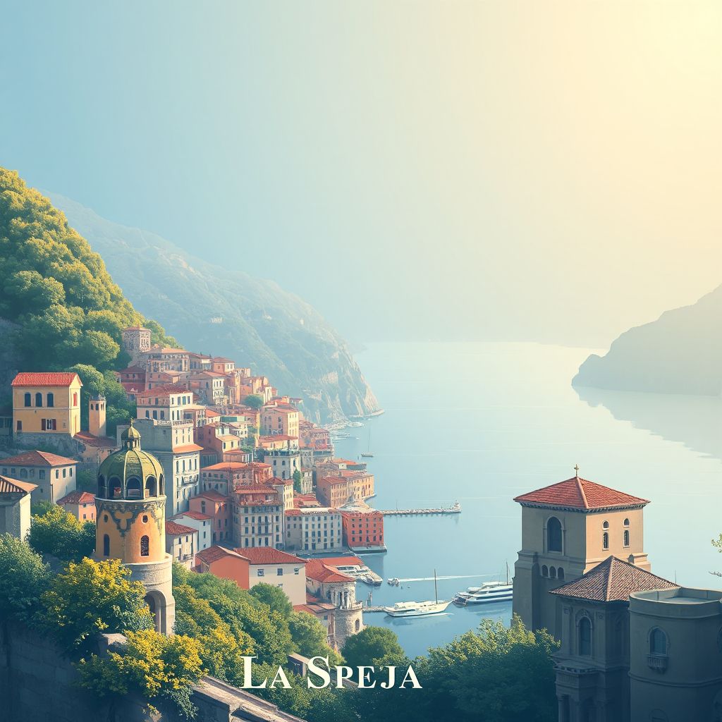 Ultra-high-definition gradient illustration of Provincia di La Spezia, Liguria, Italy, featuring Cinque Terre villages, Gulf of Poets, and Castello Doria.