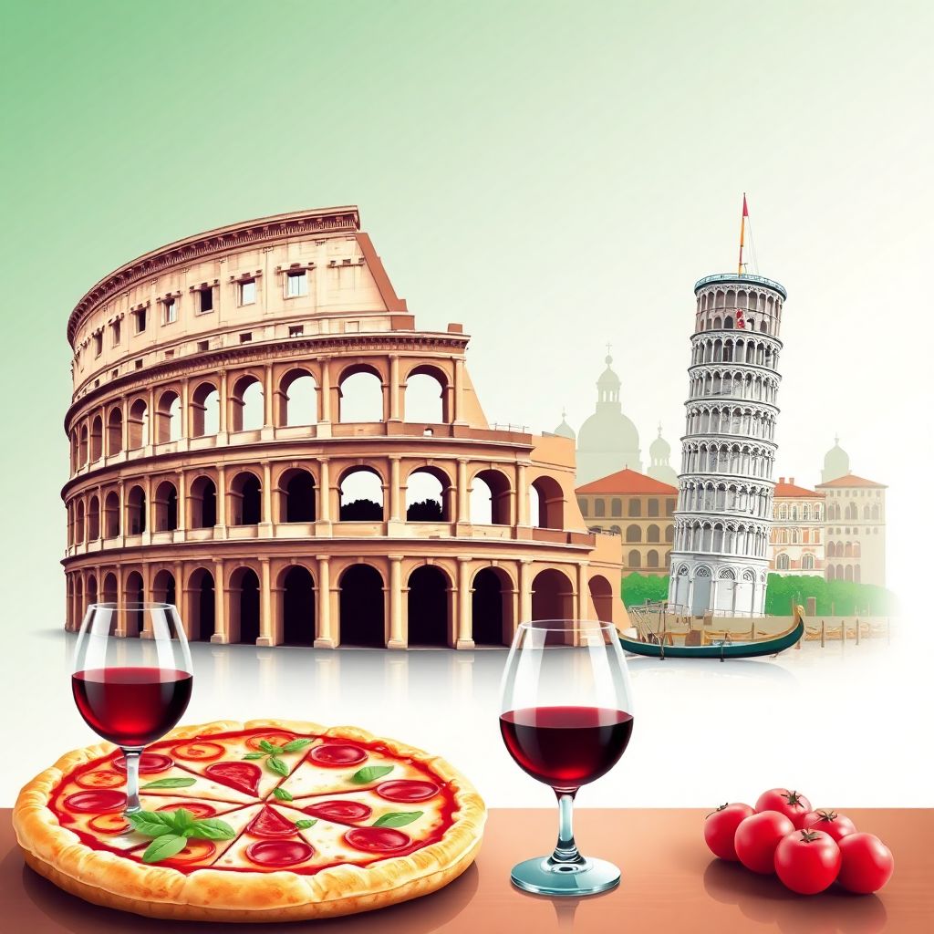 Ultra-high-definition gradient illustration style Italian illustration, showing the unique charm of the Colosseum and the Leaning Tower of Pisa