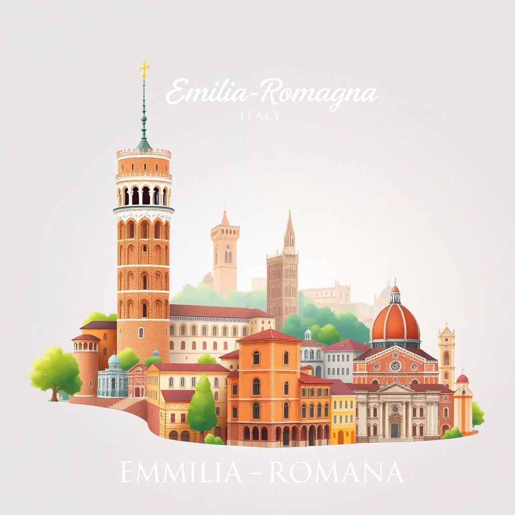 Ultra-high-definition gradient illustration style Emilia-Romagna illustration, showing the unique charm of the Torre degli Asinelli, the Ferrara Cathedral, and the University of Bologna.
