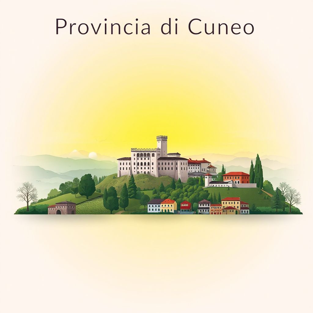 Ultra-high-definition gradient illustration of Provincia di Cuneo, featuring the Castello di Racconigi and Langhe landscapes.