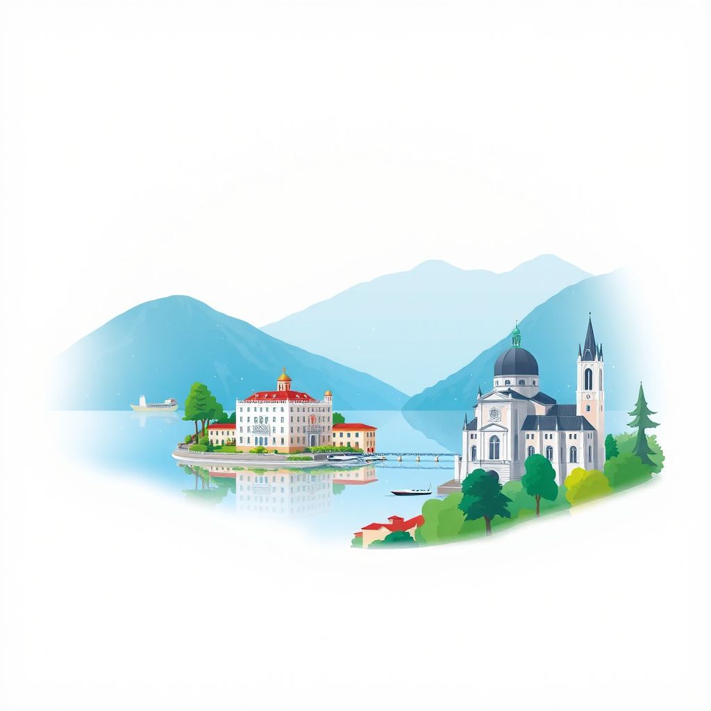 Ultra-high-definition gradient illustration style Provincia di Como illustration, showing the unique charm of Lake Como, Villa del Balbianello, and the Duomo di Como.