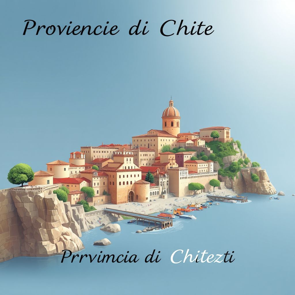 Ultra-high-definition gradient illustration style Provincia di Chieti illustration, featuring the Trabocchi Coast, the Abbey of San Giovanni in Venere, and Arrosticini.