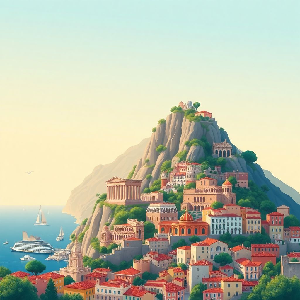 Ultra-high-definition gradient illustration style Campania illustration, showing the unique charm of the Amalfi Coast, the Ruins of Pompeii, and Naples.