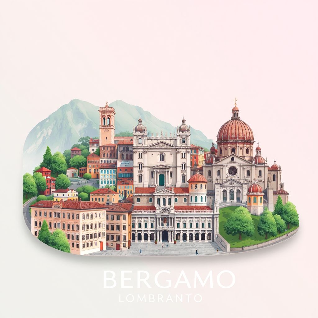 Ultra-high-definition gradient illustration style Provincia di Bergamo illustration, showing the unique charm of Città Alta, Piazza Vecchia, and the Basilica di Santa Maria Maggiore.