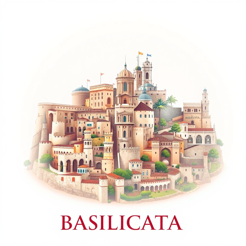 Ultra-high-definition gradient illustration style Basilicata, Basilicate, Italy, showcasing Sassi di Matera, Castel del Monte, and Metaponto.