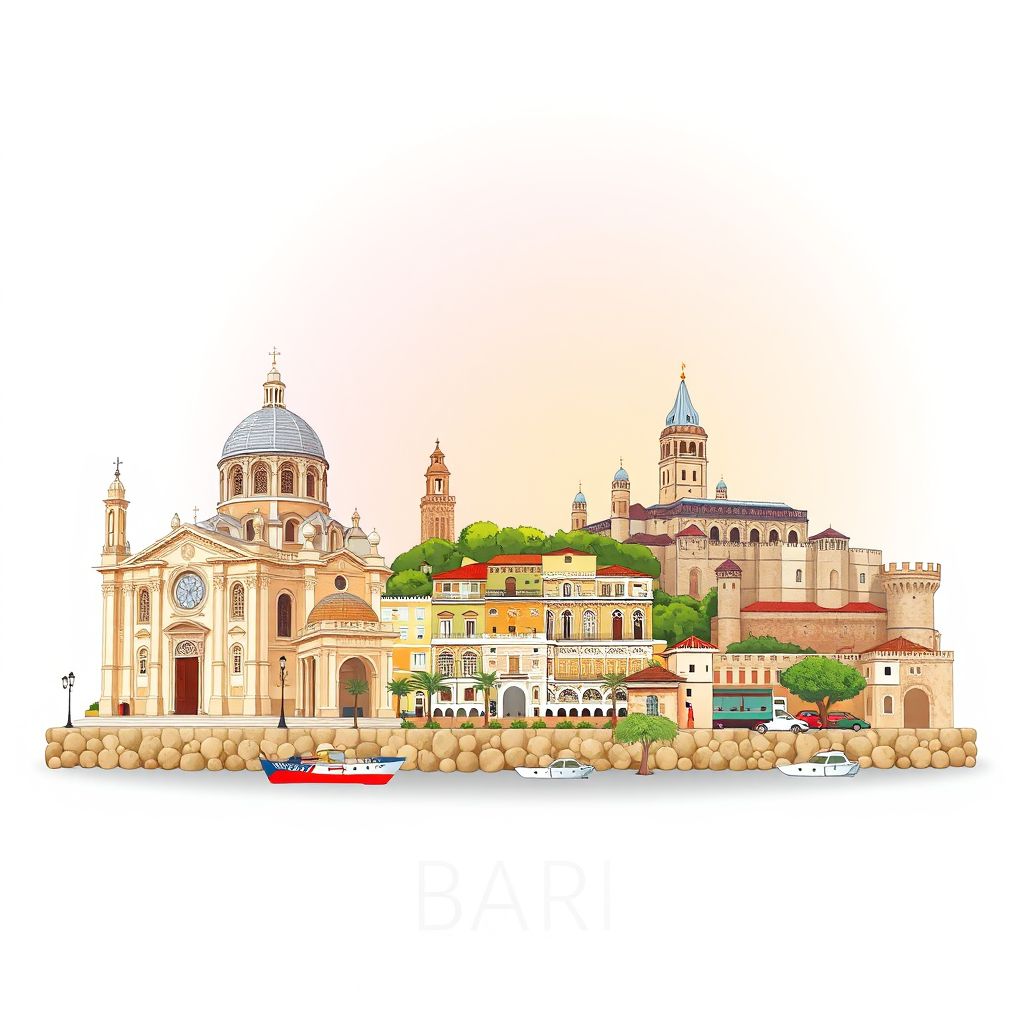 Ultra-high-definition gradient illustration style Bari illustration, showing the unique charm of the Basilica of Saint Nicholas, the Bari Cathedral, and the Swabian Castle.