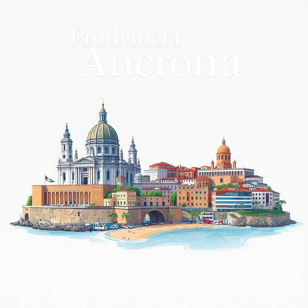 Ultra-high-definition gradient illustration style Provincia di Ancona illustration, showing the unique charm of the Cathedral of Ancona, the Arch of Trajan, and the Conero Riviera.