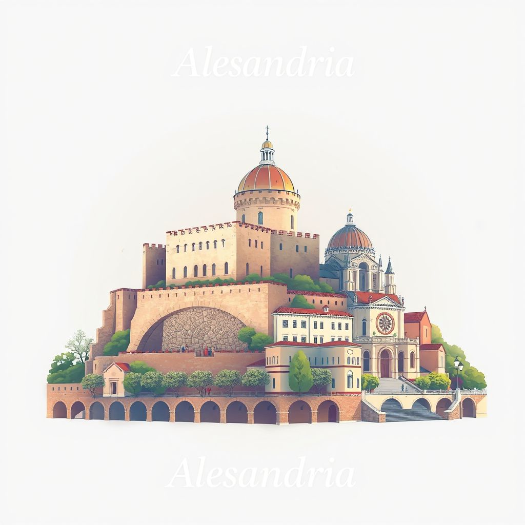 Ultra-high-definition gradient illustration style Alessandria artwork, showing the unique charm of the Citadel of Alessandria and the Cathedral of Alessandria.