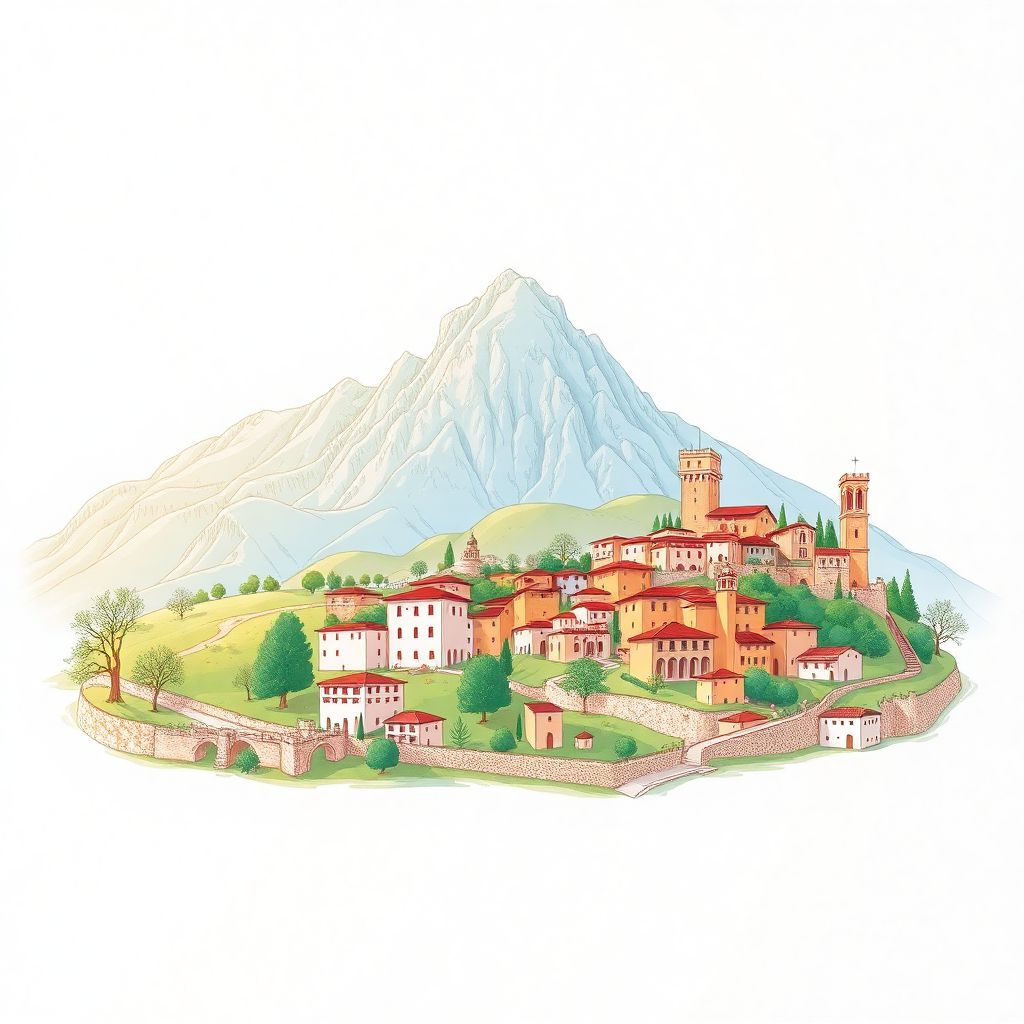 Ultra-high-definition gradient illustration of Abruzzo, Italy, featuring the Gran Sasso e Monti della Laga National Park and Santo Stefano di Sessanio.