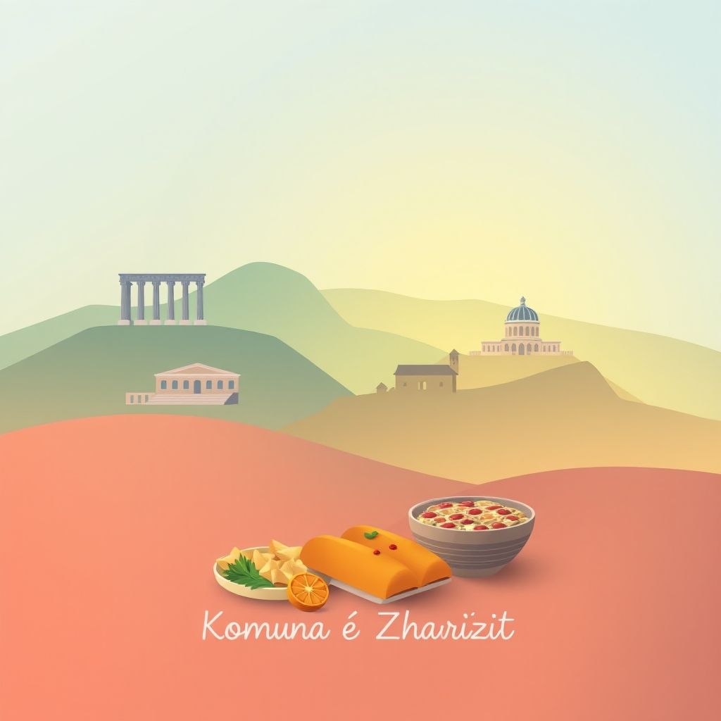 Gradient illustration of Komuna e Zharrëzit, Bashkia Fier, featuring Apollonia Archaeological Park, Byllis Archaeological Site, and tavë kosi.